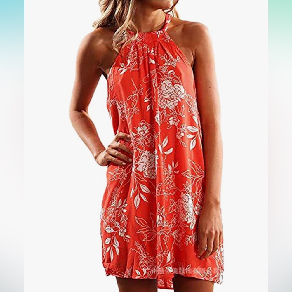 Floral Halter Neck Mini Dress - Orange